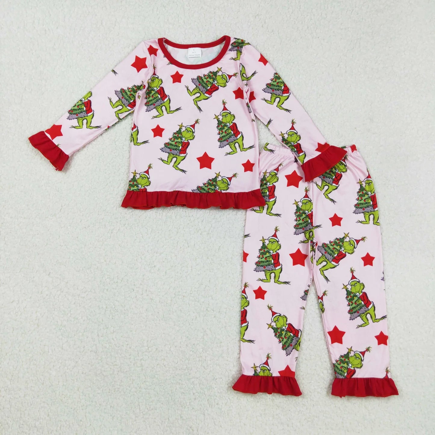 red stars Christmas tree gri*ch ruffle pajama lounge set