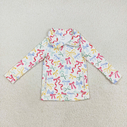 colorful bows on white athletic zip top