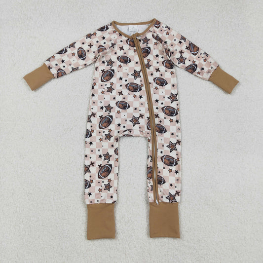 brown football baby boy zipper sleeper