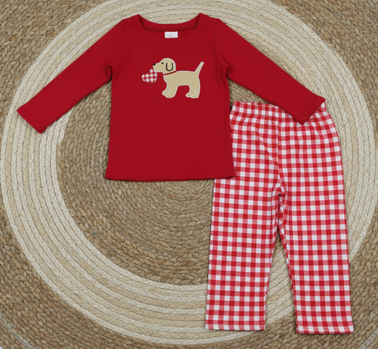 red puppy heart embroidery pants set valentine's day boys outfit