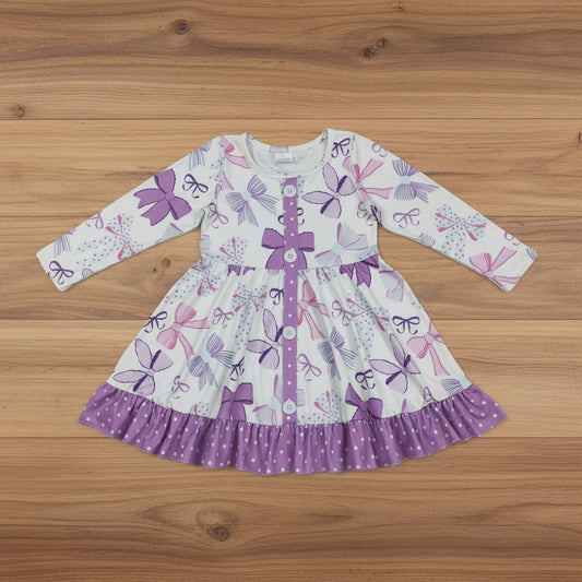 long sleeve purple coquette ruffle twirl button dress