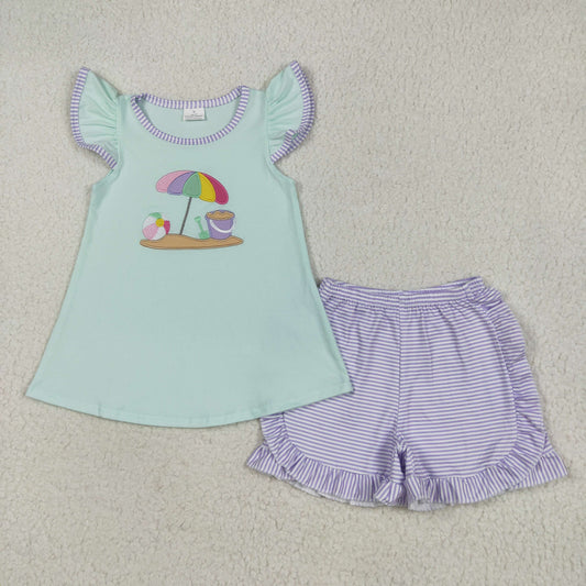 embroidery beach umbrella scallop short set girl