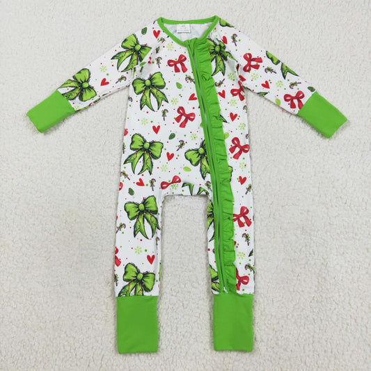 green red bow Christmas ruffle girl zip sleeper