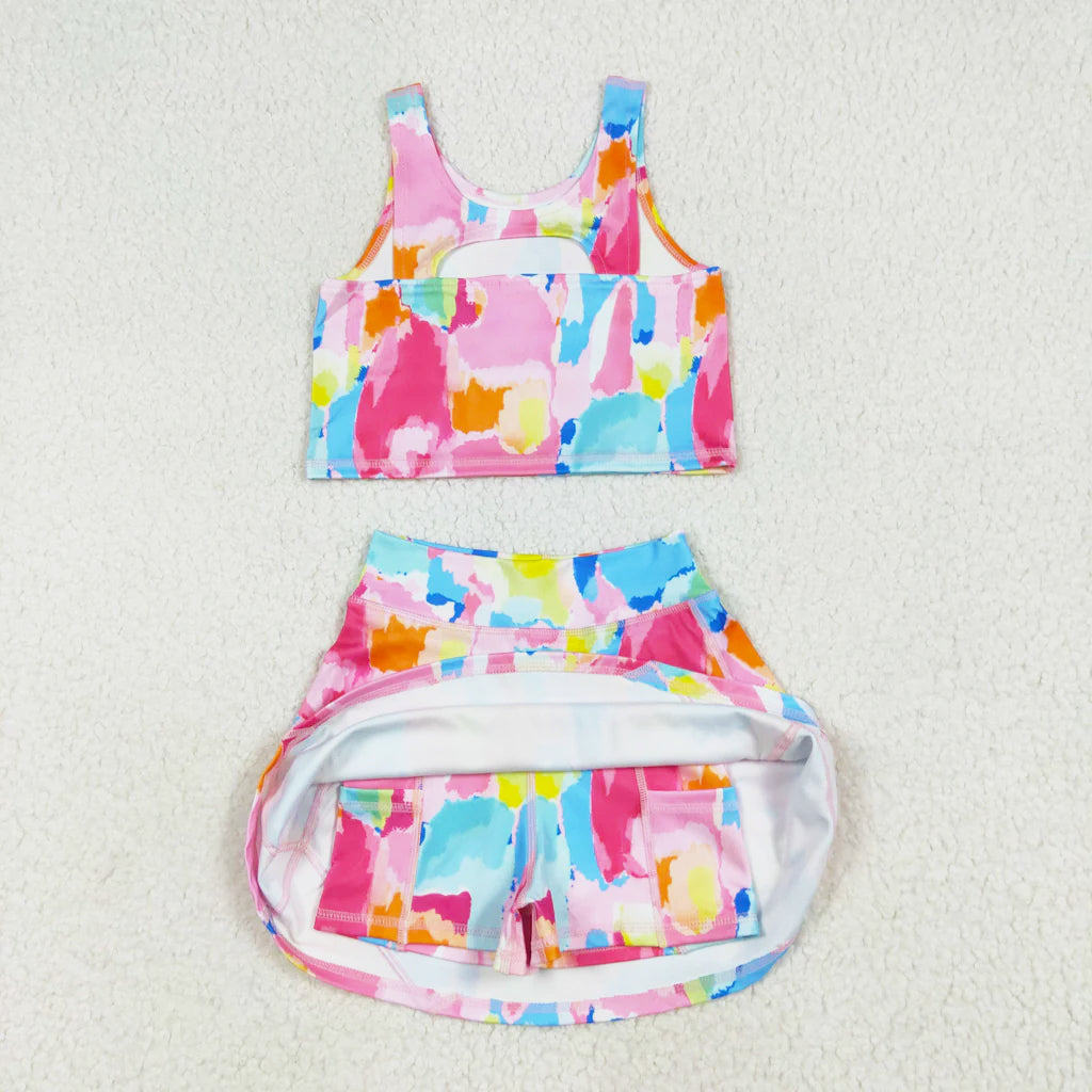 colorful tie dye two pieces athletic skort dress set