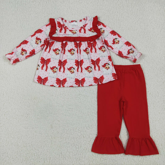 red bow santa christmas girls pants set