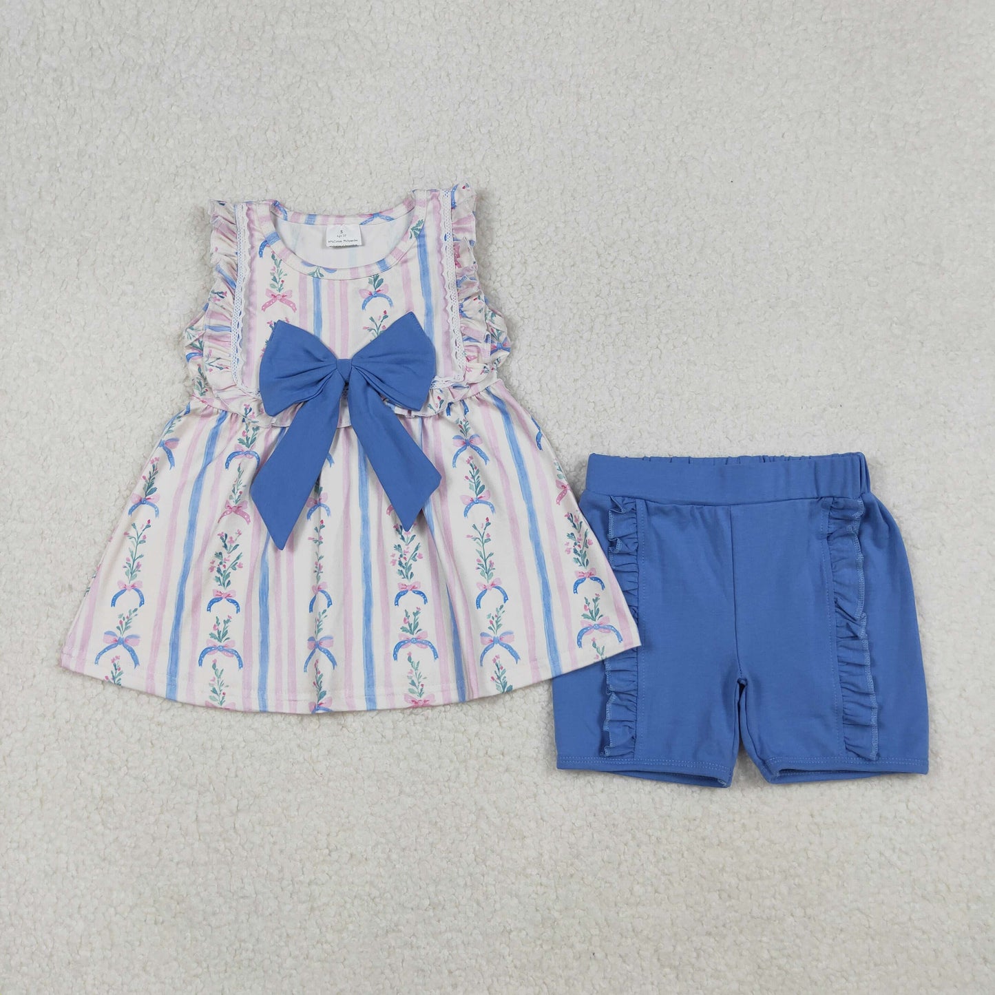 sleeveless floral bow print blue shorts set