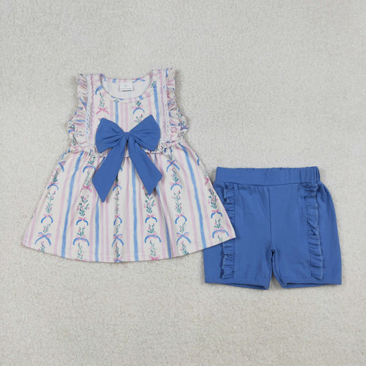 sleeveless floral bow print blue shorts set