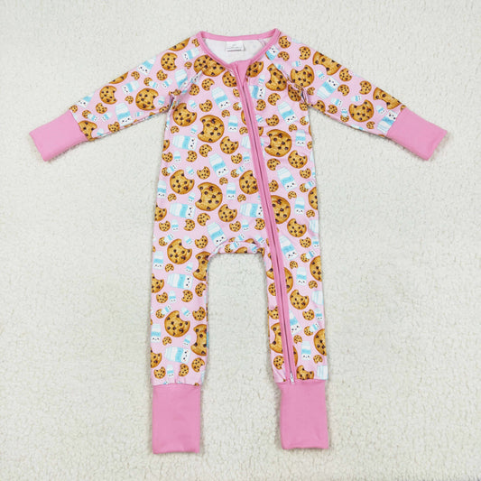 milk biscuit pink Christmas cookies print girl zip sleeper