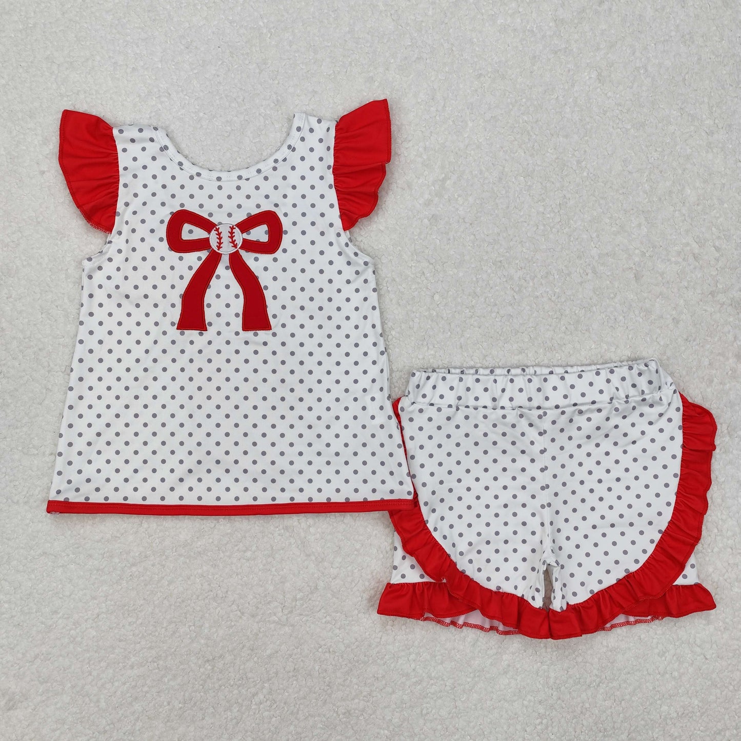 polk dots baseball bows embroidery shorts set