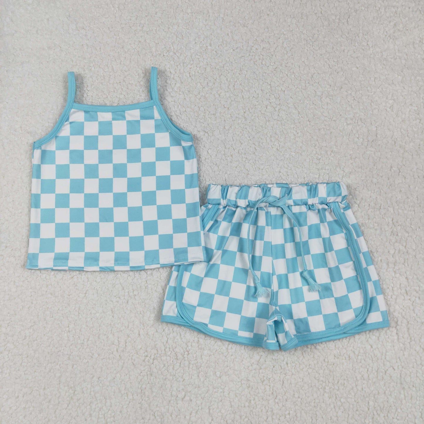 blue checkered suspender shorts set