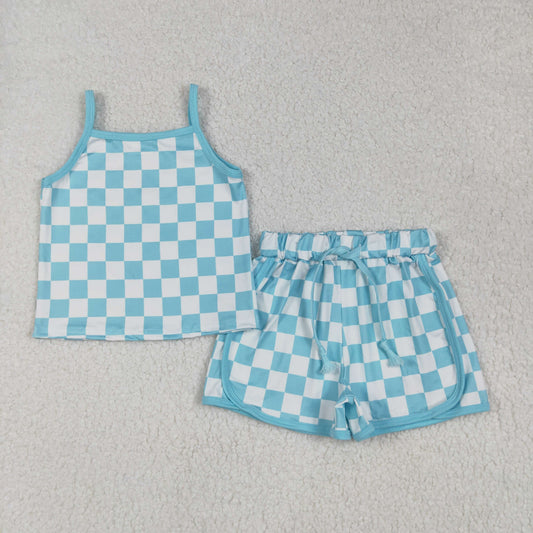 blue checkered suspender shorts set