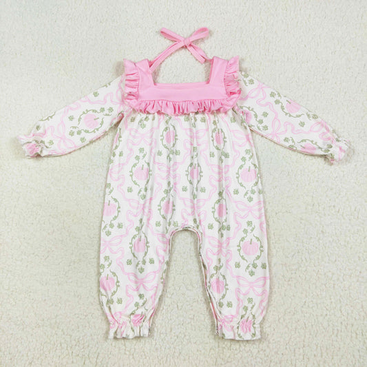 long sleeve pink pumpkin girl romper