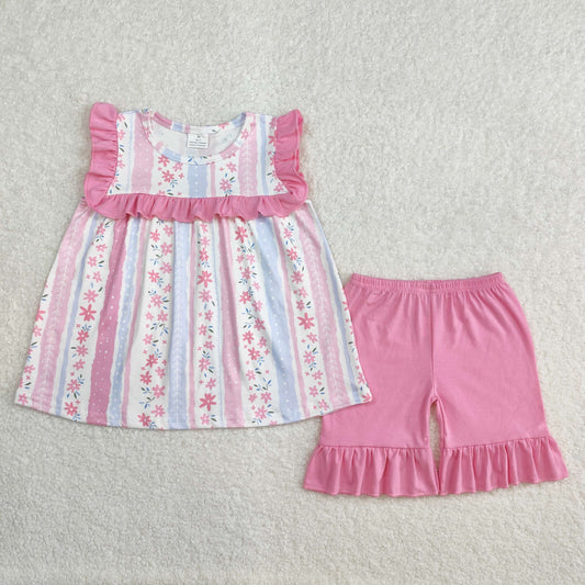 pink striped floral shorts clothes set