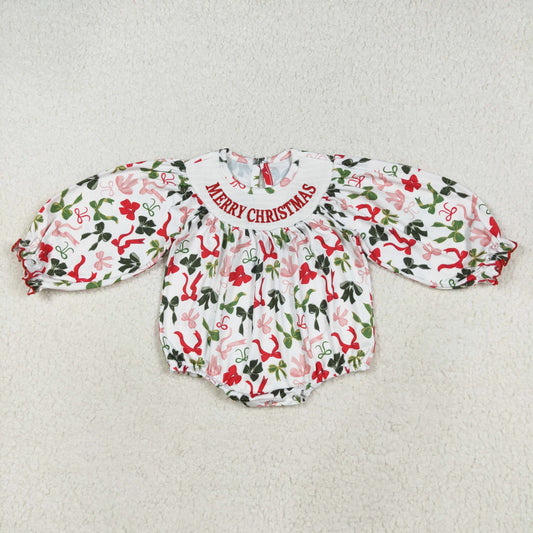 merry christmas red green bow embroidery smock bubble