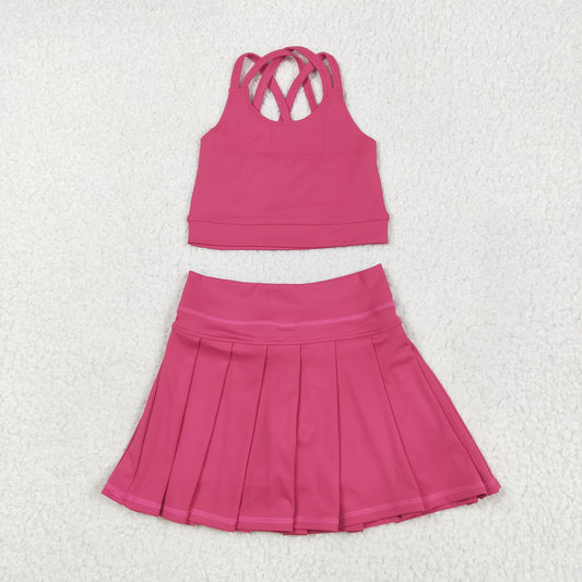 solid hot pink two pieces athletic tennis dress yoga set