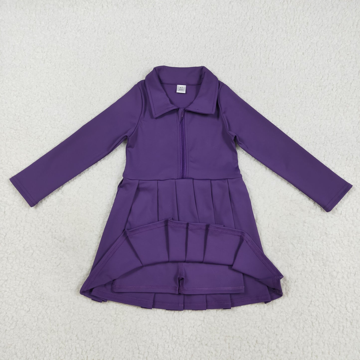 Long sleeves purple zipper pleated dress