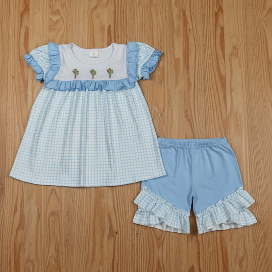 blue gingham easter cross embroidered girl shorts outfit