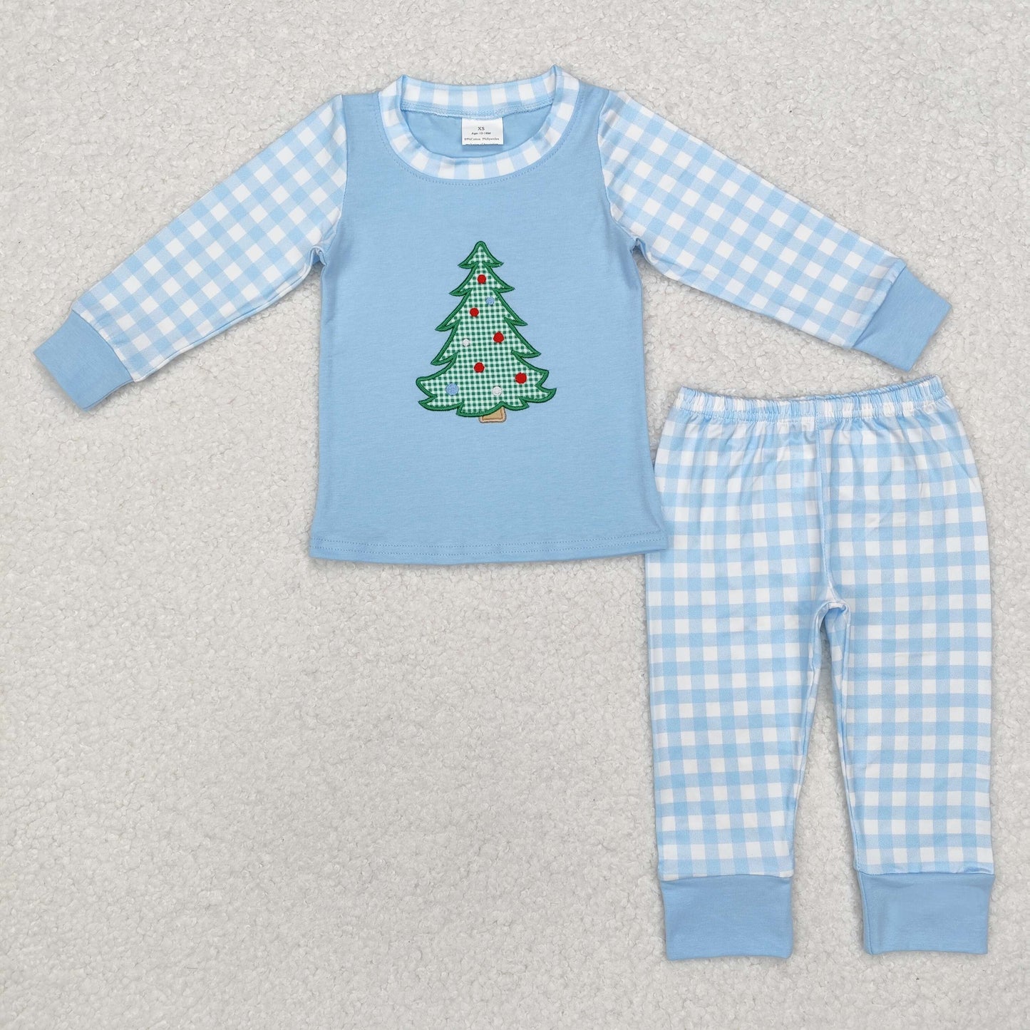 Christmsa tree embroidered boys pajama set blue