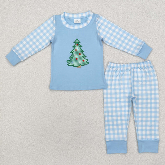 Christmsa tree embroidered boys pajama set blue