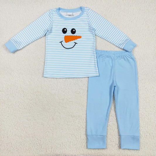 blue stripes snowman embroidery pajama set