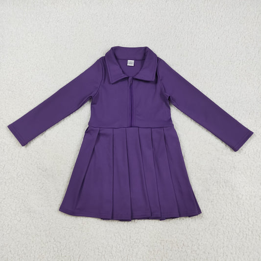 Long sleeves purple zipper pleated dress
