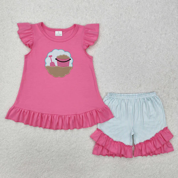 Beach Bucket Embroidery Shorts Set Sibling Clothes