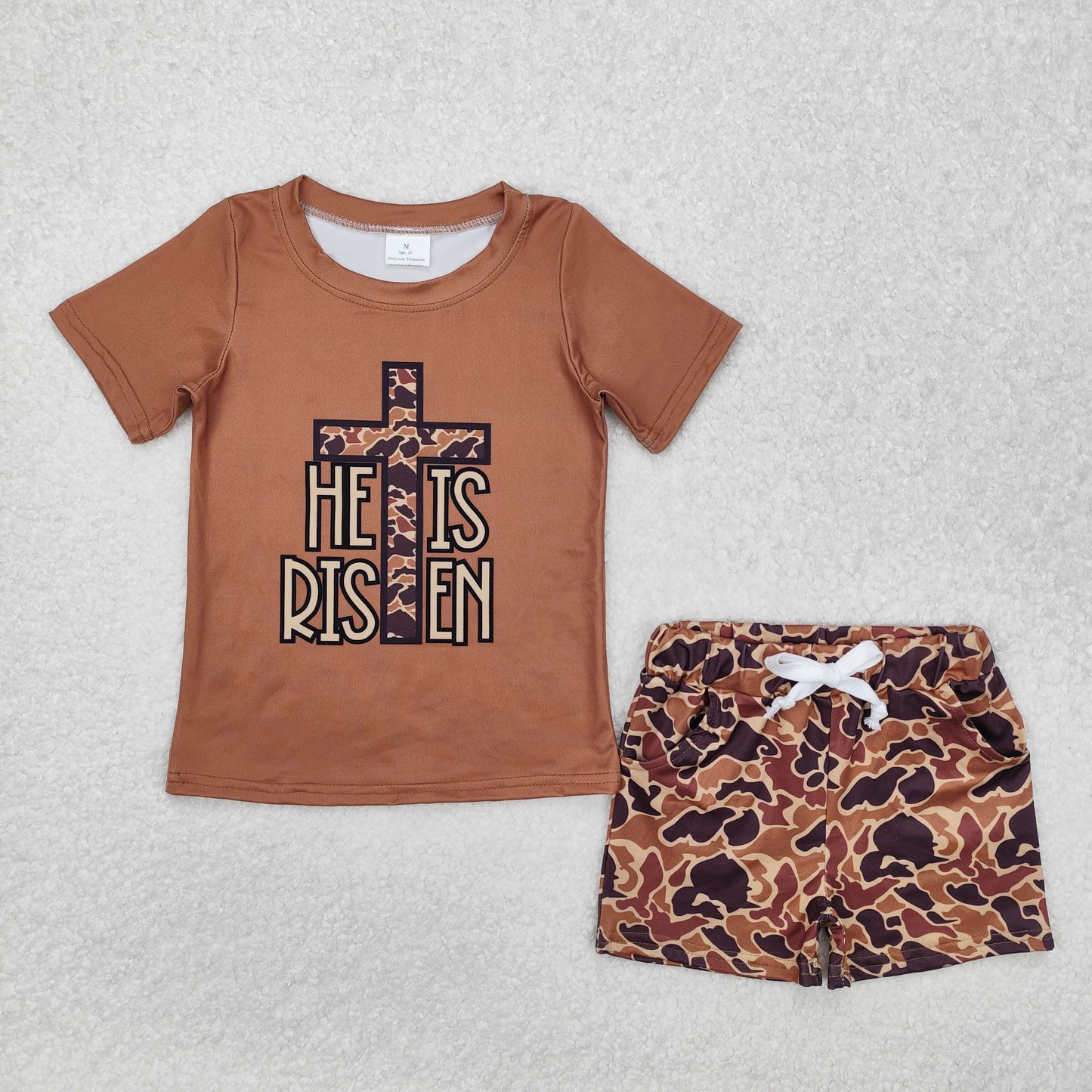 he is risen brown camo pocket shorts set