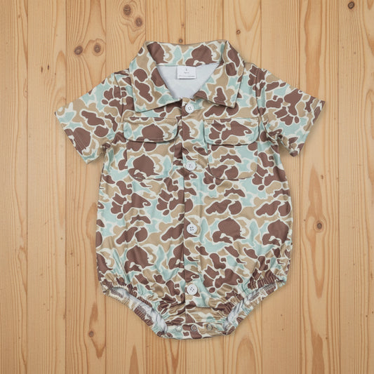camo button romper with pocket