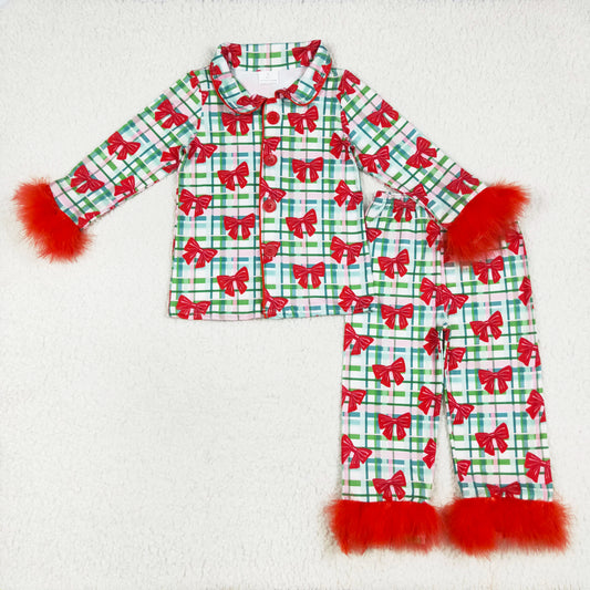 plaid red bow print fur button down pajama set
