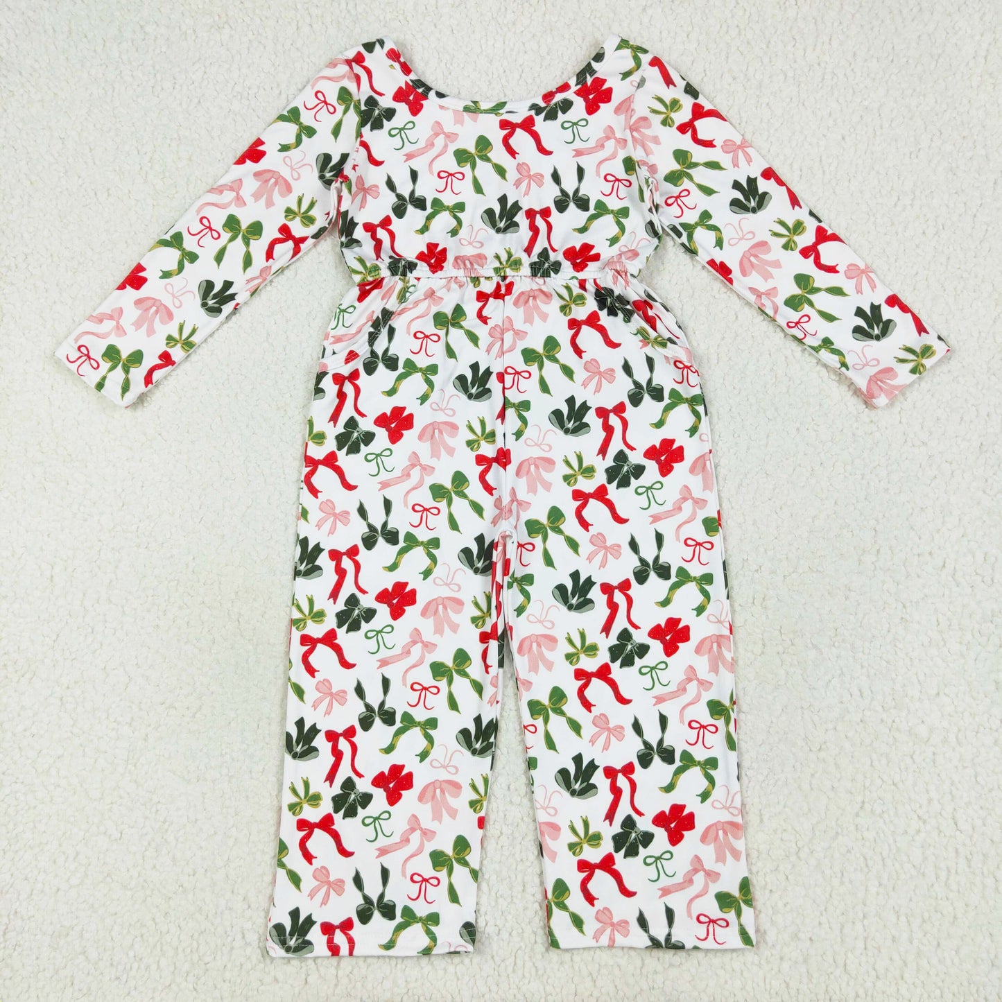 long sleeve red green bow straight pants girls jumpsuit