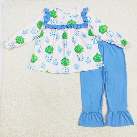 blue long sleeve garden hydrangea ruffle pants set