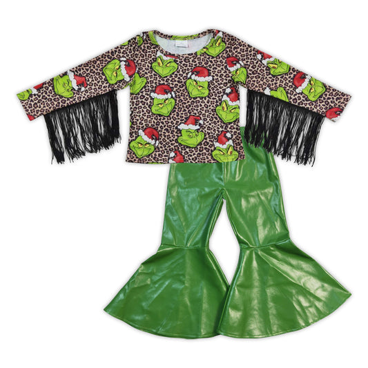 grinch fringe top+green leather christmas outfit