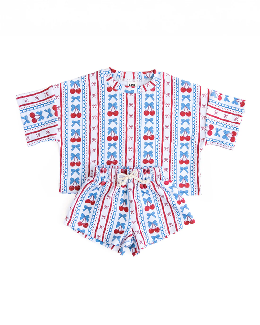 TAT 6-7 weeks MOQ 5 cherries & stripes shorts set