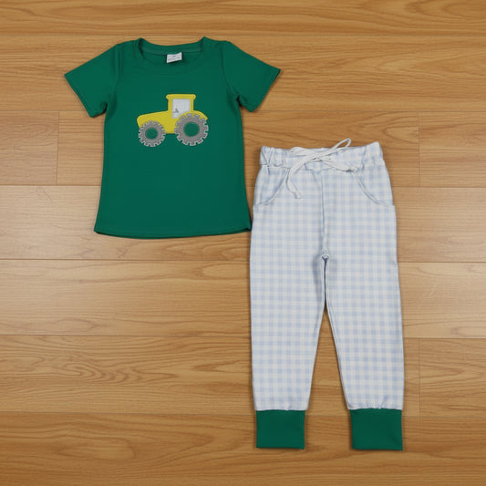green tractor embroidery jogger set boys clothes set