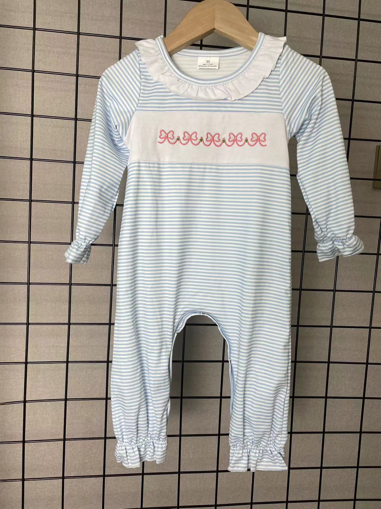 blue stripe pink bow embroidery girls romper