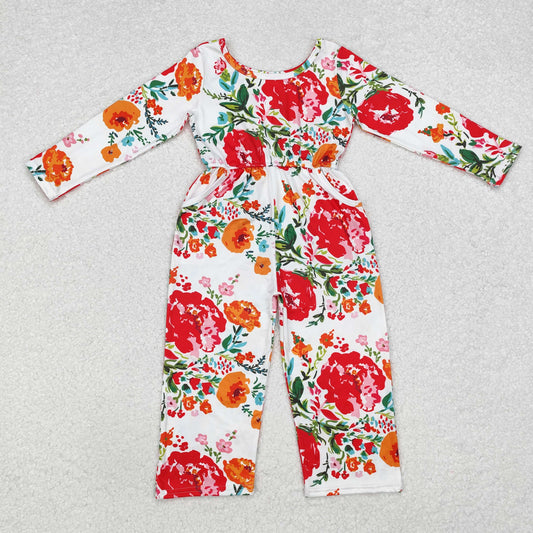 red flower girls jumpsuit with pocket kids fall clothing