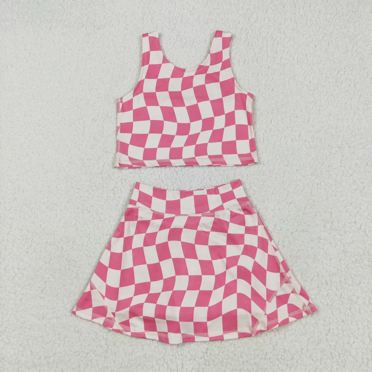 pink checkered two pieces athletic skort dress set