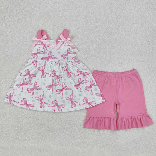 pink bow print strap shorts set