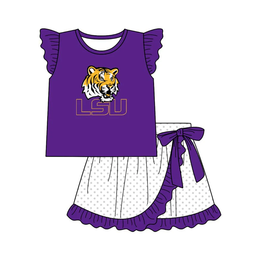 TAT 5-6 weeks MOQ 3 Team's LSU Purple Top Dots Skirts Girls Summer Clothes Set