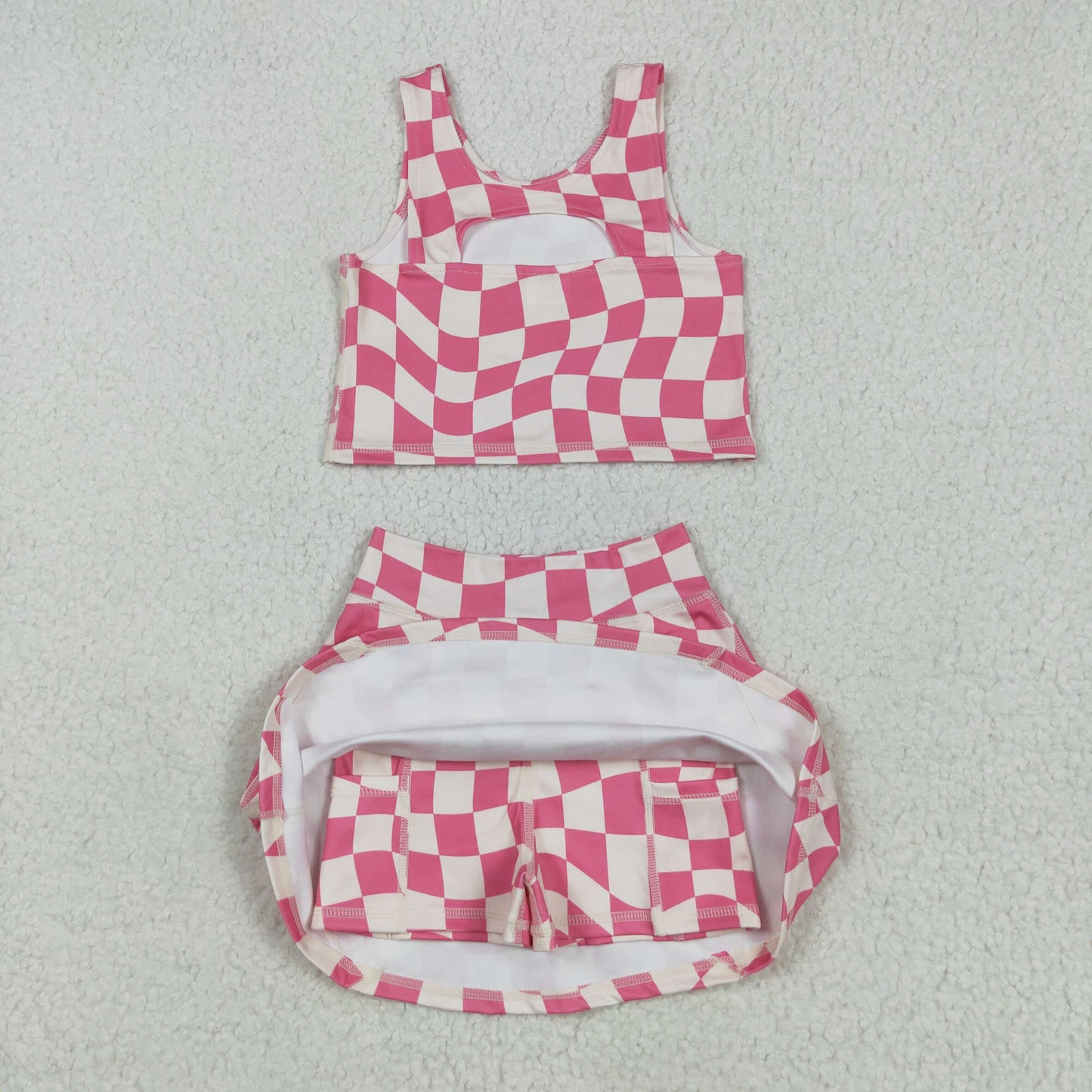 pink checkered two pieces athletic skort dress set