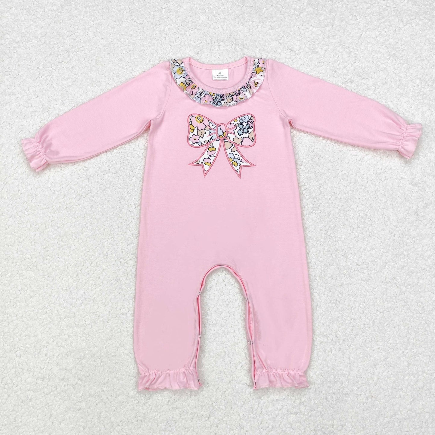 pink embroidery floral bows romper