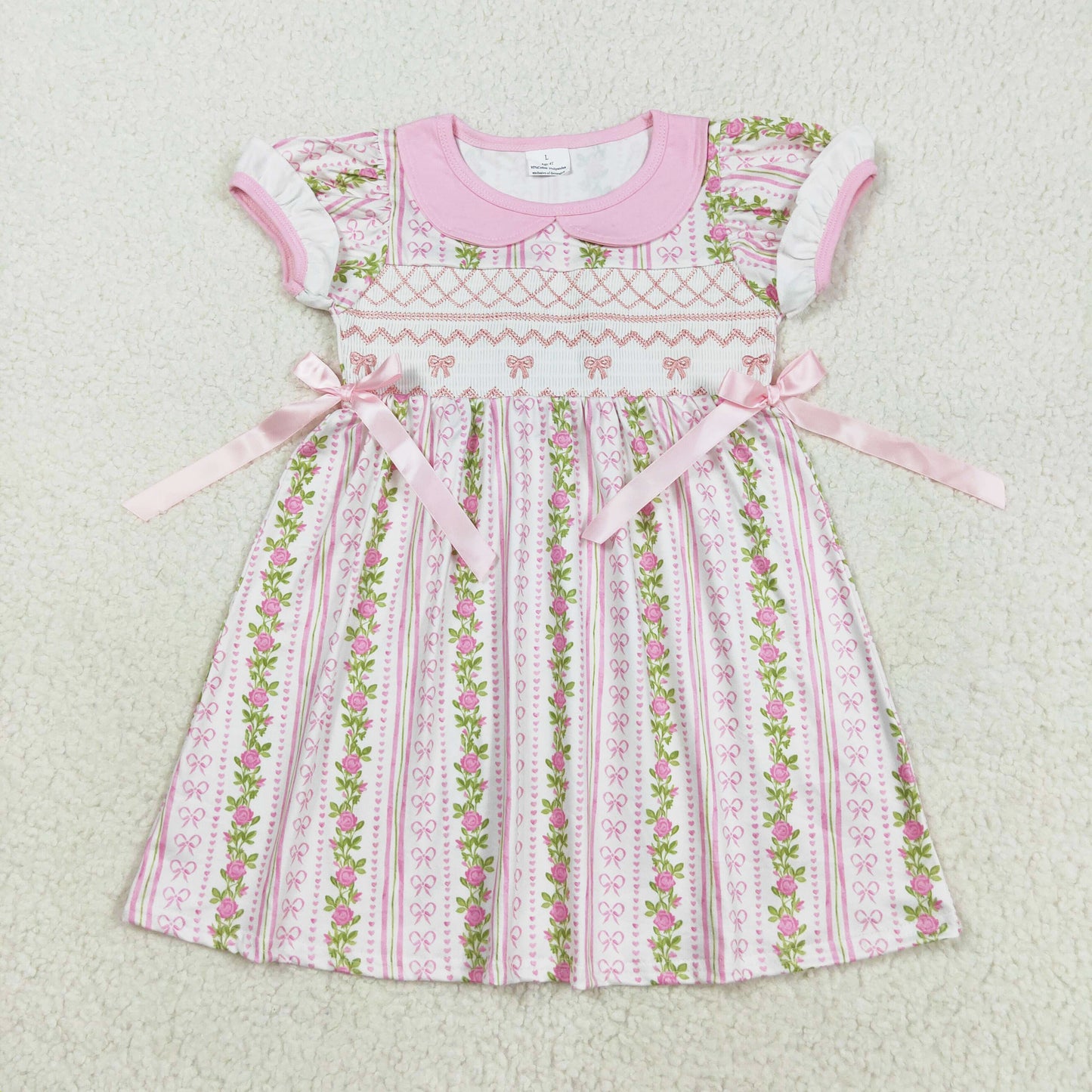 floral pink bow embroidery smock dress