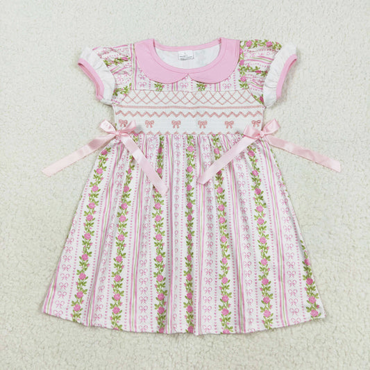 floral pink bow embroidery smock dress