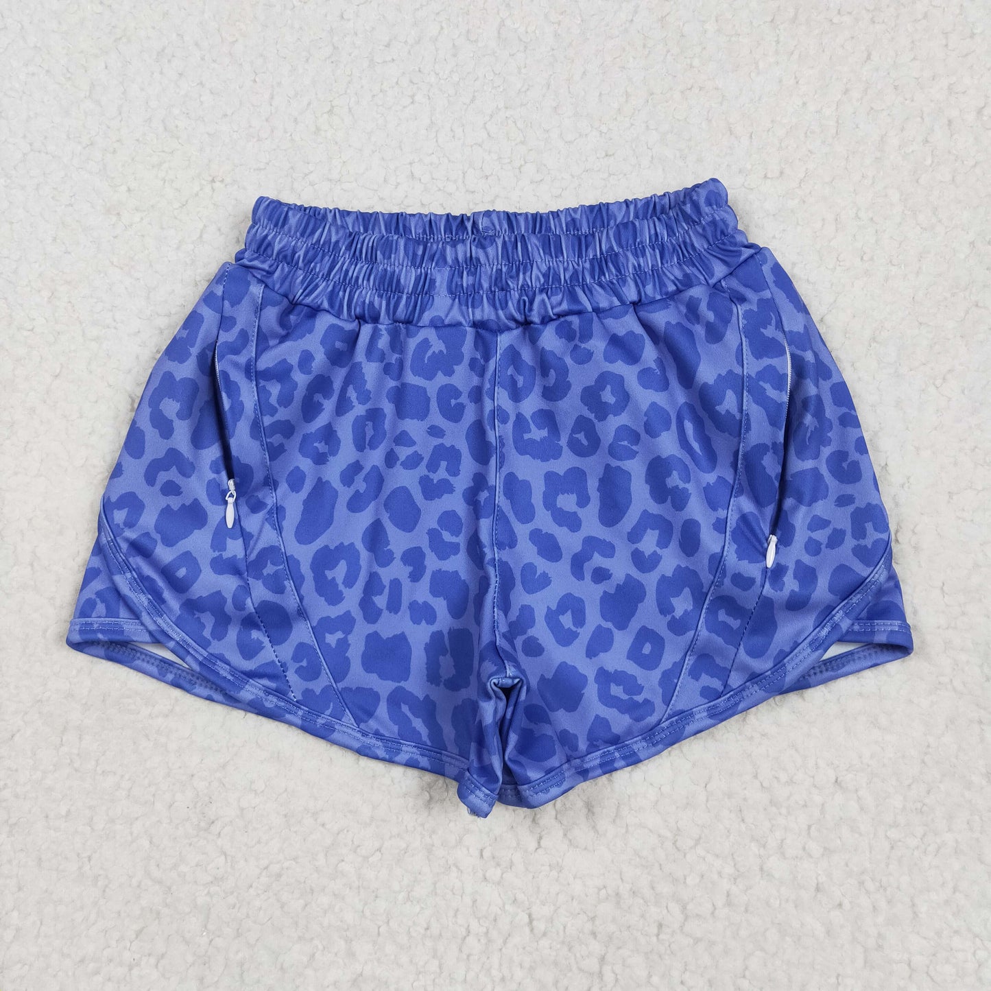 blue leopard zip athletic shorts