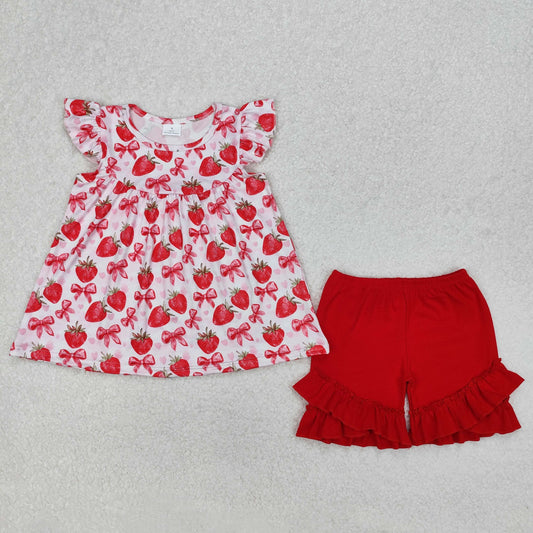 red strawberry strap shorts set