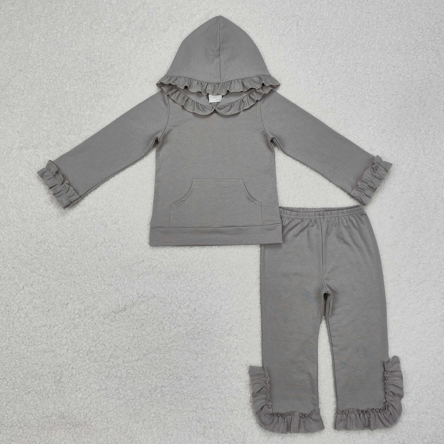 solid gray cotton ruffle hoodie pants outfit girl’s clothing