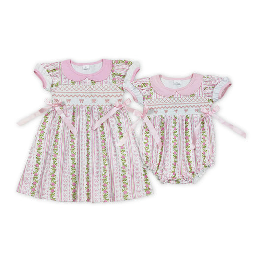 Floral Pink Bow Embroidery Smock Sisters Matching Clothes