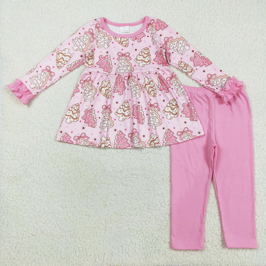 pink christmas tree cake legging set girls outfit