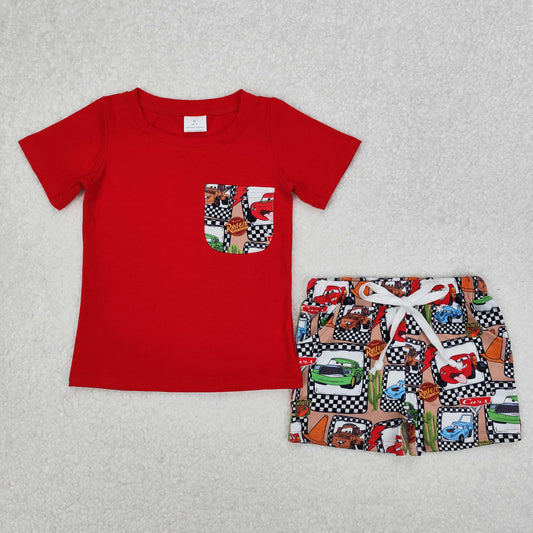 red cartoon car route pocket t-shirt baby boy shorts set