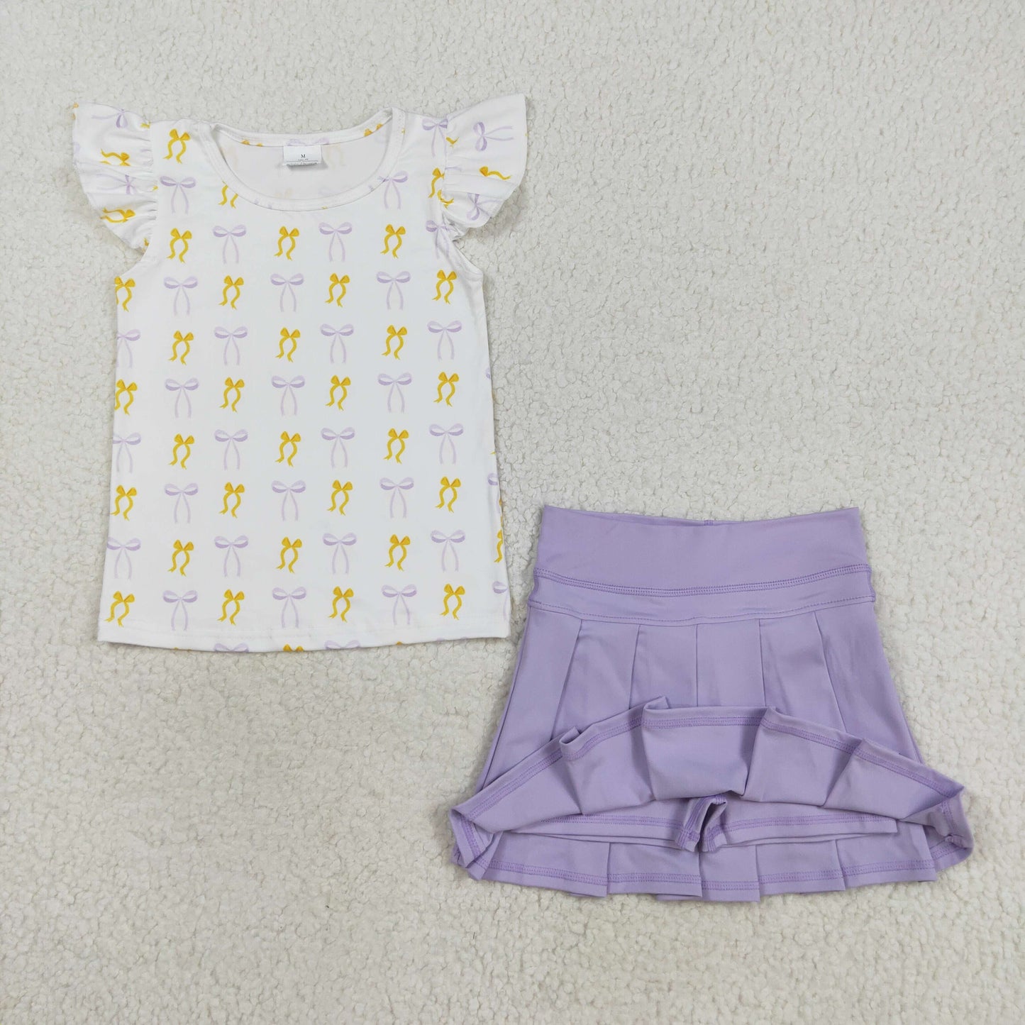 Gold Purple Bow Print Tee Yoga Pleated Skirt Set